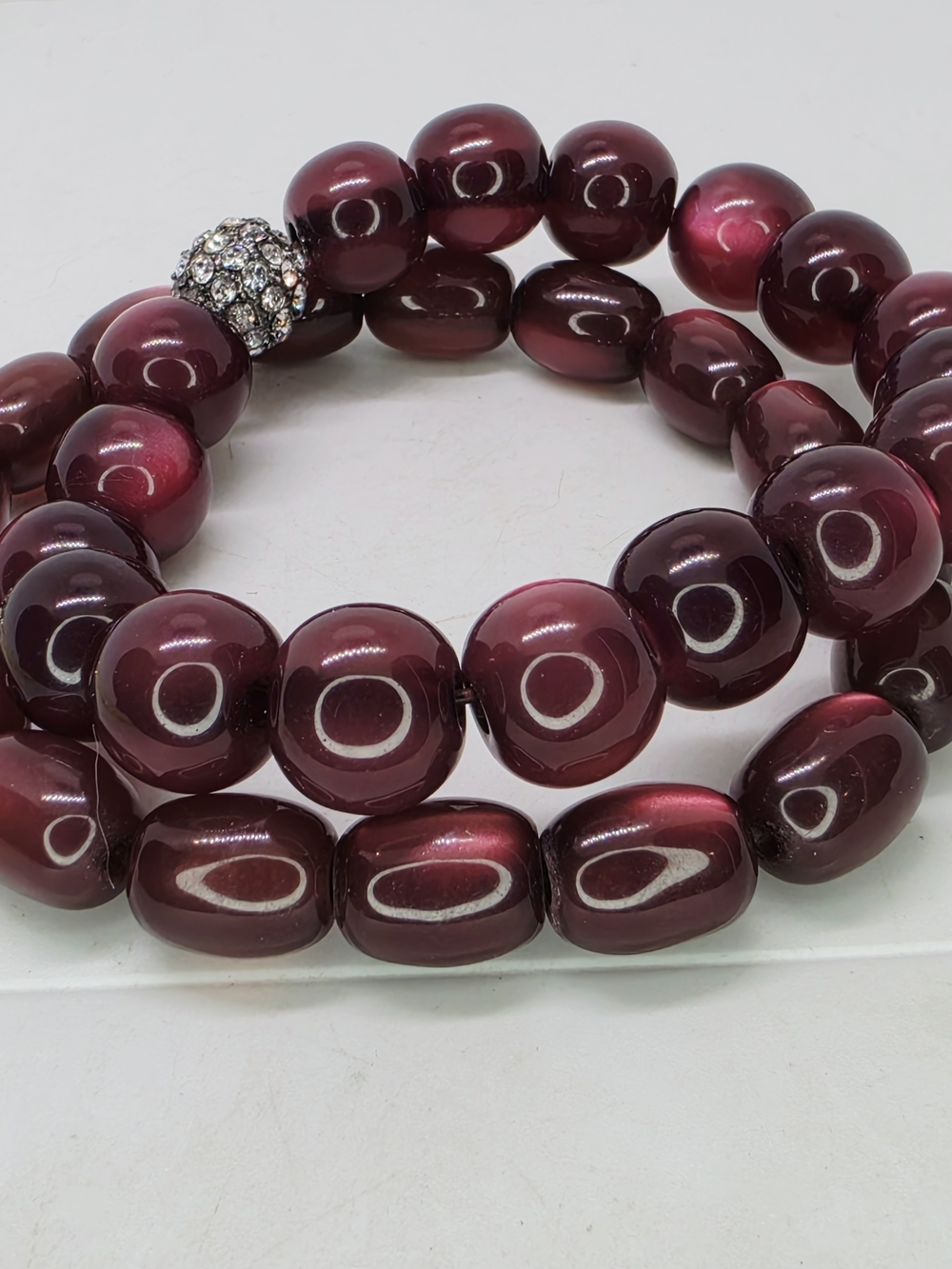 Vintage Burgundy Cat Eye Stack Stretch Bracelet Rhinestone Pave Disco Bead Lot 2 - Picture 3 of 7